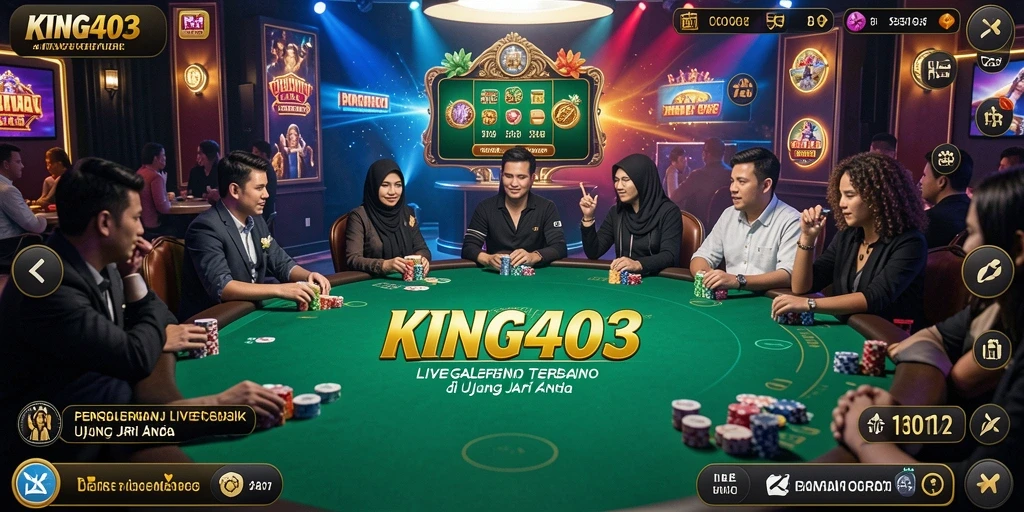 Screenshot KING403 menampilkan dealer profesional dan pemain yang terlibat dalam permainan.