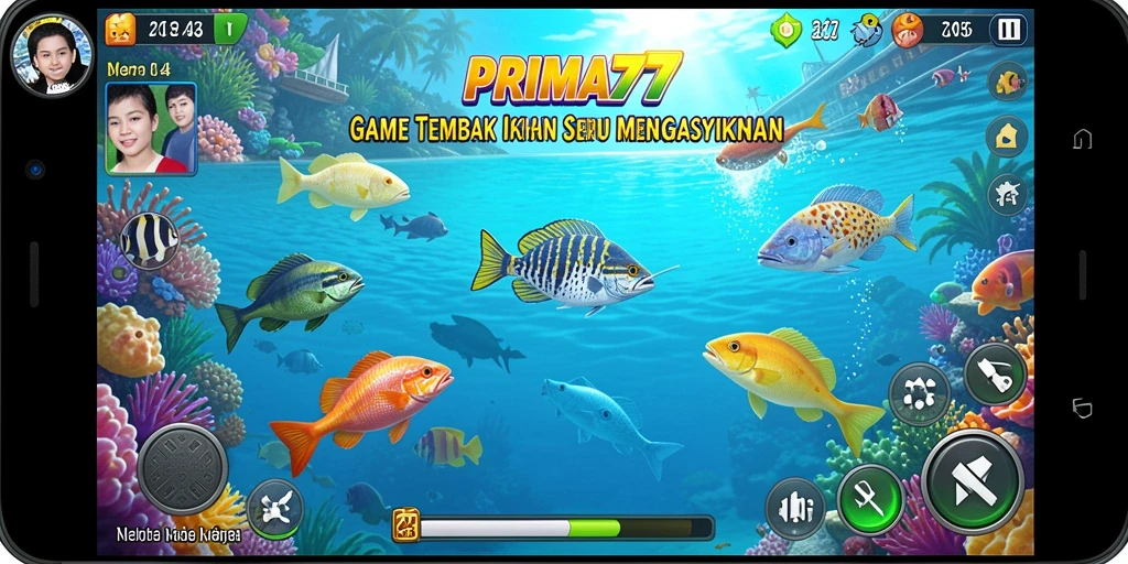 Tampilan gameplay seru dari PRIMA77 saat berburu ikan.