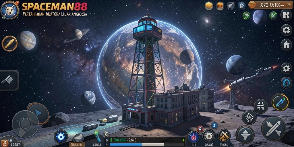 Tampilan gameplay menegangkan dari SPACEMAN88 dengan menara dan musuh yang beragam.