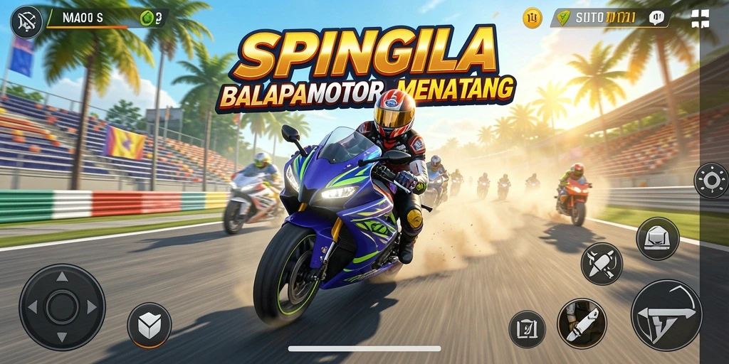 Tampilan gameplay SPINGILA yang mendebarkan dalam balapan motor.